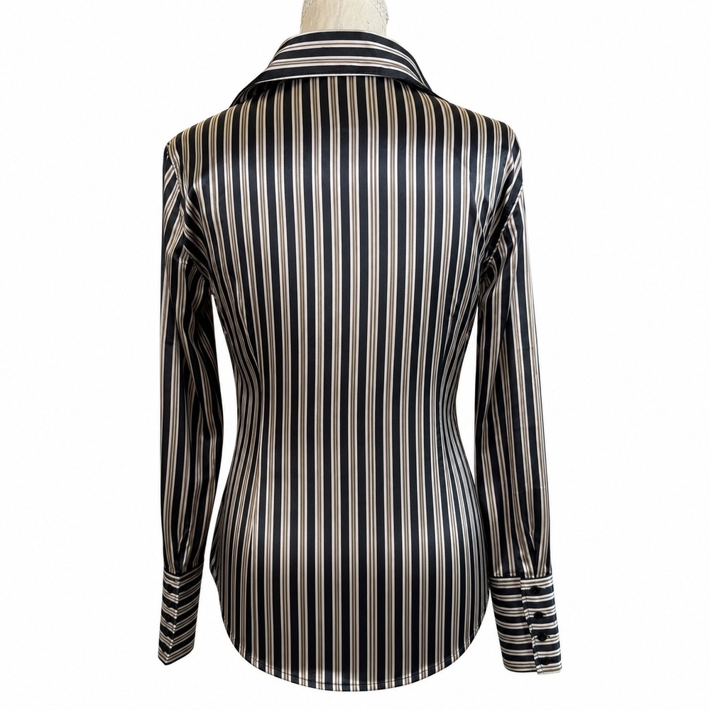 Zara Basic Striped Satin Stretch Button Down Shirt Womens S Black White Office - Picture 3 of 10